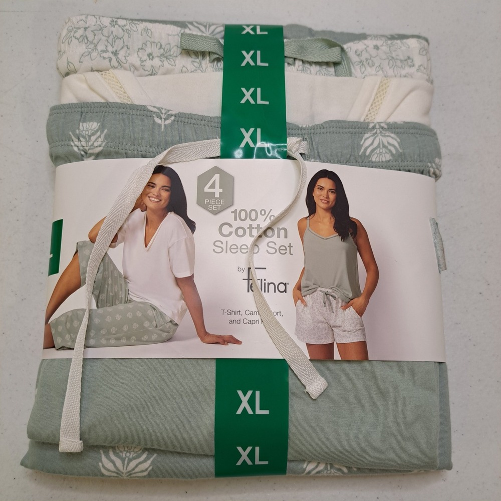 Felina Womens Sleepwear Set XL Green NWT 4pc Cotton Floral 1903-280